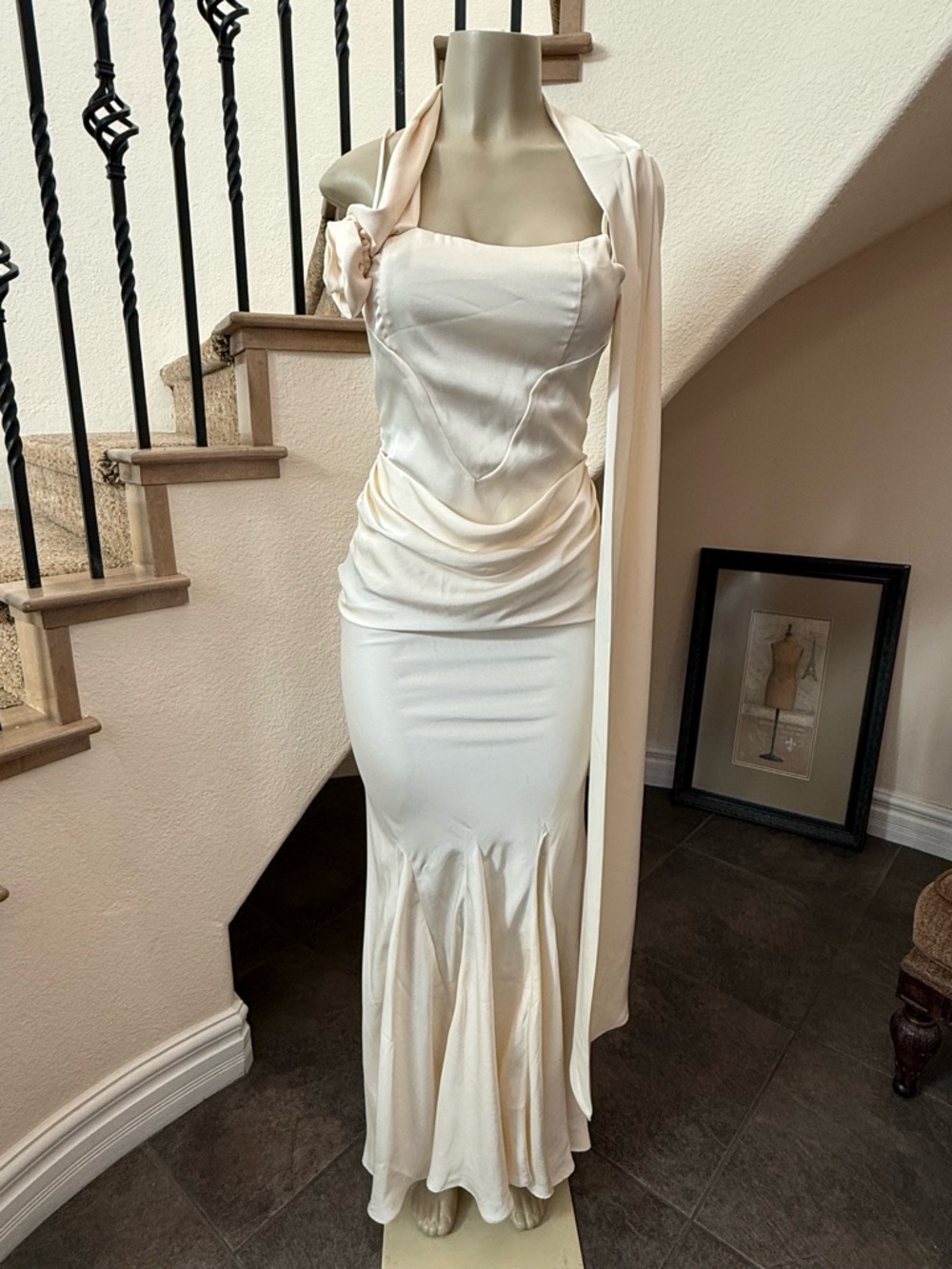 NWT LEAU Celine Corset Satin Gown Ivory Drape Scarf Maxi Dress Small - Picture 2 of 11